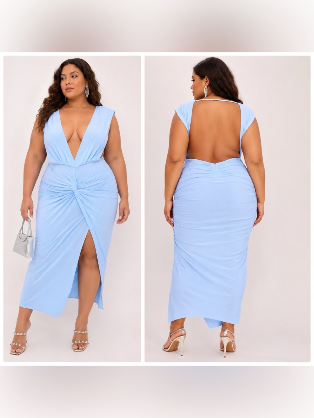 Baobab Mia plunging v neck gathering twisted front midi dress in sky - XL nwt